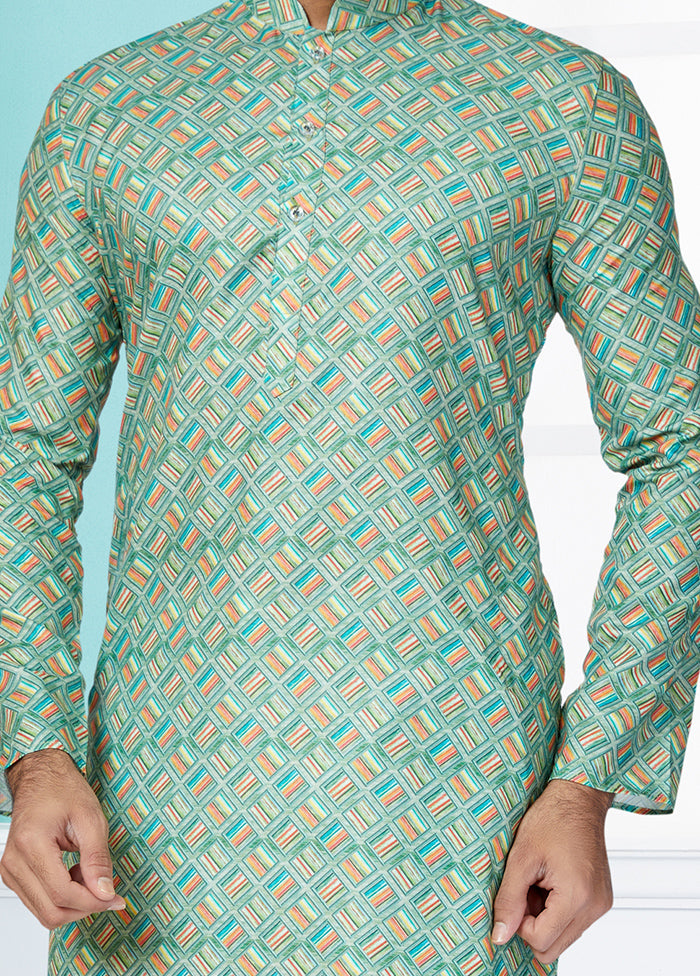 2 Pc Green Cotton Kurta And Pajama Set