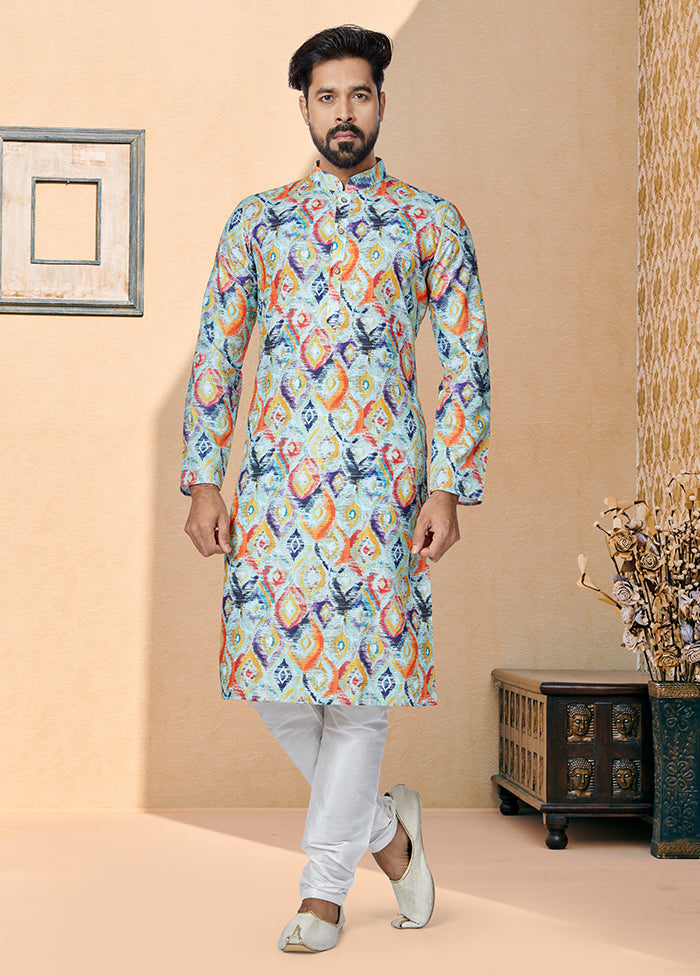 2 Pc Blue Cotton Kurta And Pajama Set