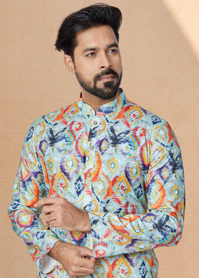 2 Pc Blue Cotton Kurta And Pajama Set - Indian Silk House Agencies