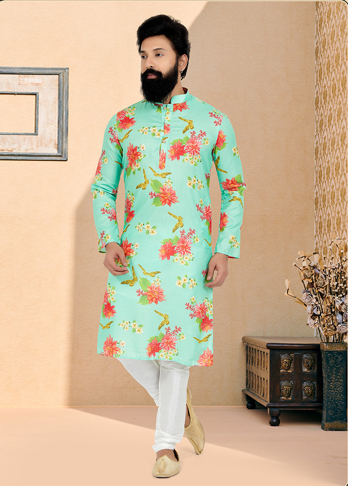 2 Pc Green Cotton Kurta And Pajama Set