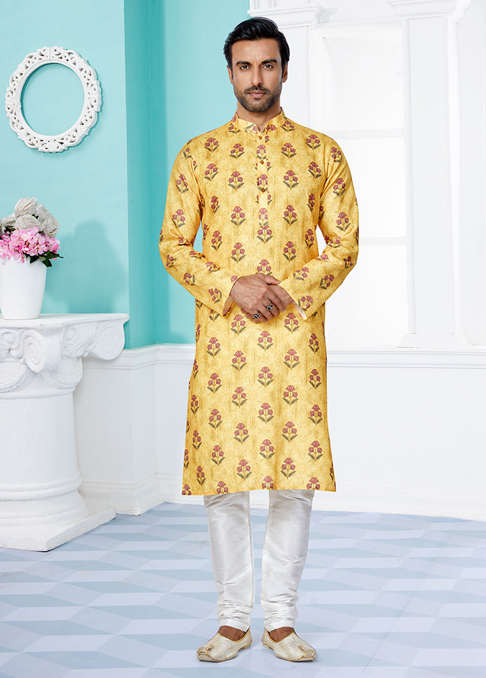 2 Pc Yellow Cotton Kurta And Pajama Set