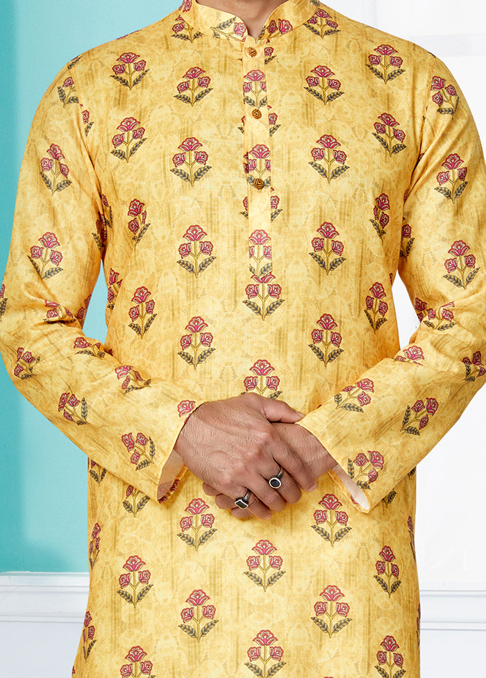 2 Pc Yellow Cotton Kurta And Pajama Set