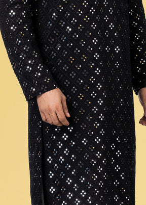 Black Jacquard Woven Silk Kurta Pajama Set