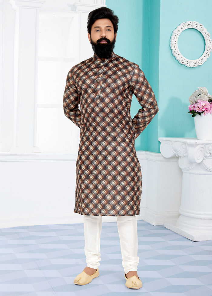 2 Pc Brown Cotton Kurta And Pajama Set