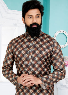 2 Pc Brown Cotton Kurta And Pajama Set