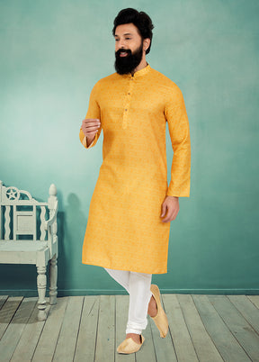 2 Pc Yellow Cotton Kurta And Pajama Set