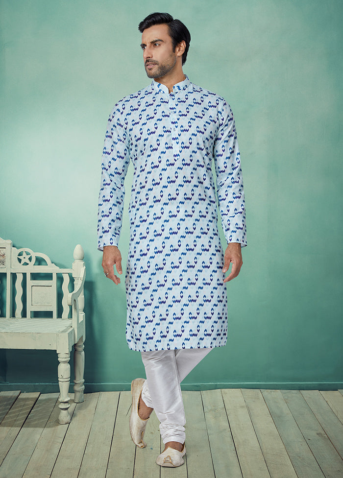 2 Pc Blue Cotton Kurta And Pajama Set