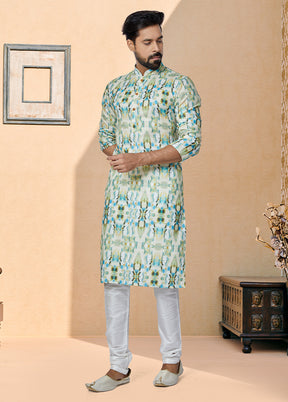 2 Pc Green Cotton Kurta And Pajama Set