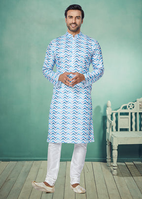 2 Pc Blue Cotton Kurta And Pajama Set