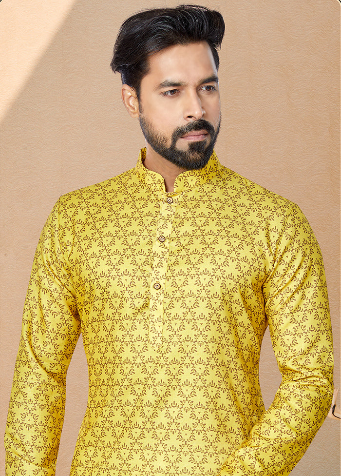 2 Pc Yellow Cotton Kurta And Pajama Set