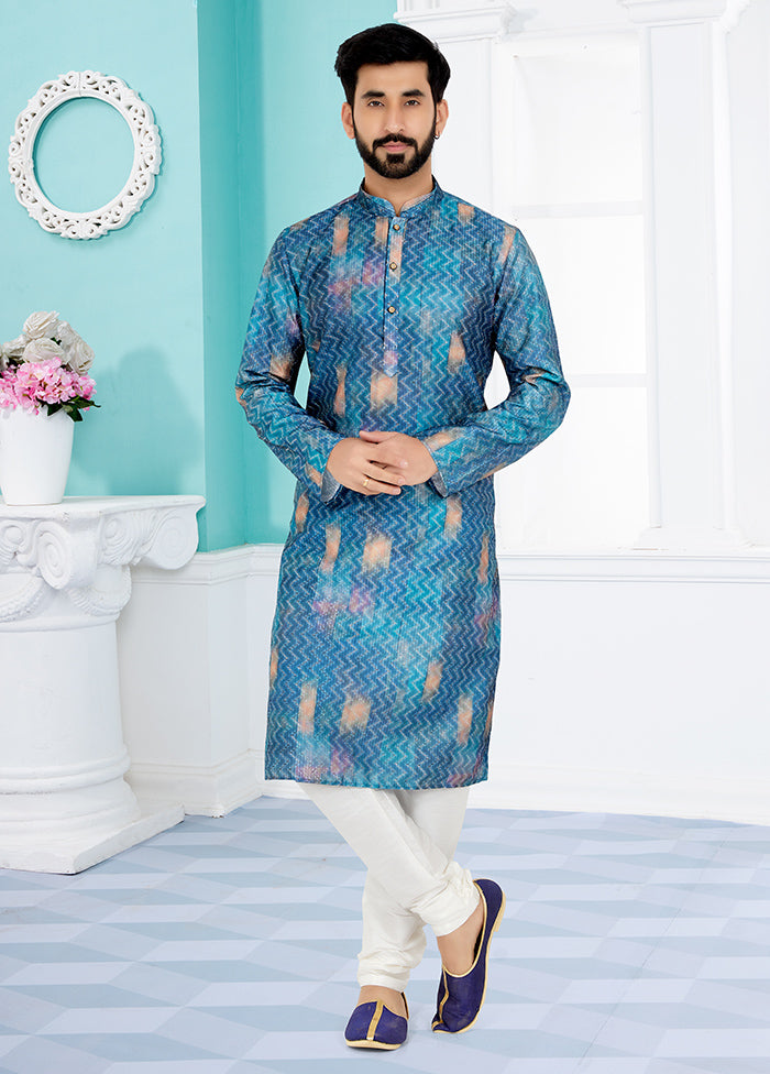 2 Pc Blue Dupion Silk Kurta And Pajama Set