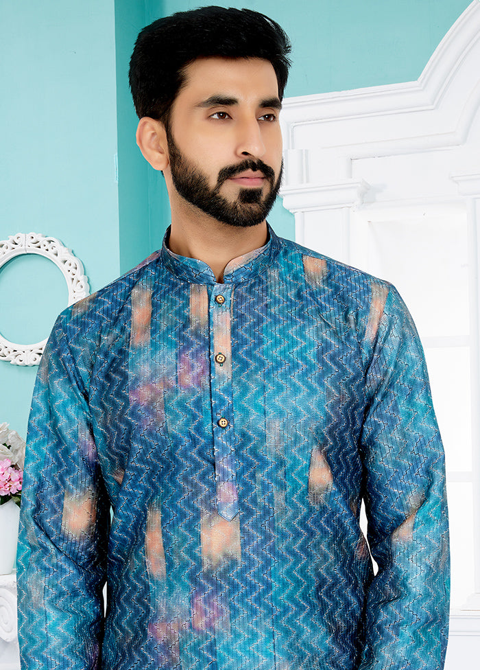 2 Pc Blue Dupion Silk Kurta And Pajama Set