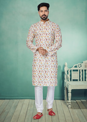 2 Pc White Dupion Silk Kurta And Pajama Set