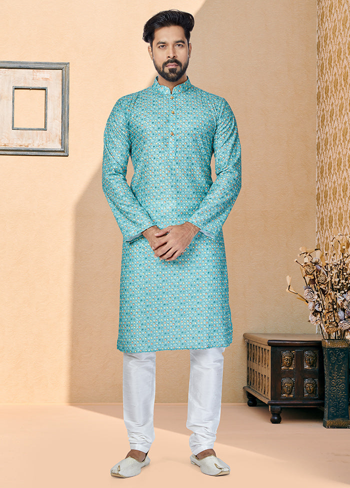 2 Pc Blue Dupion Silk Kurta And Pajama Set