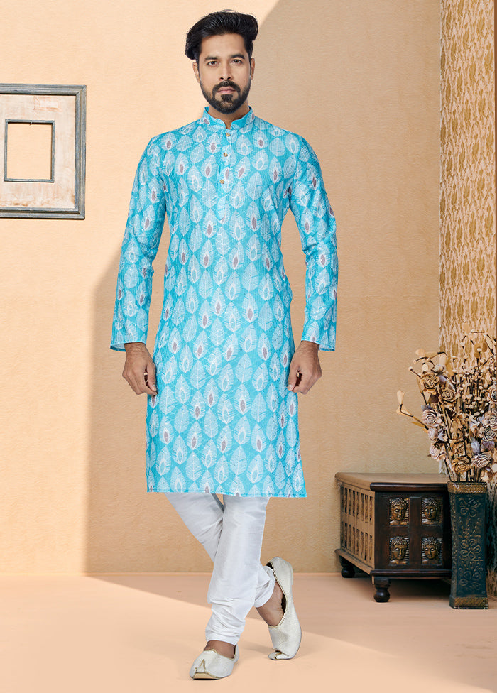 2 Pc Blue Dupion Silk Kurta And Pajama Set