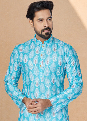 2 Pc Blue Dupion Silk Kurta And Pajama Set