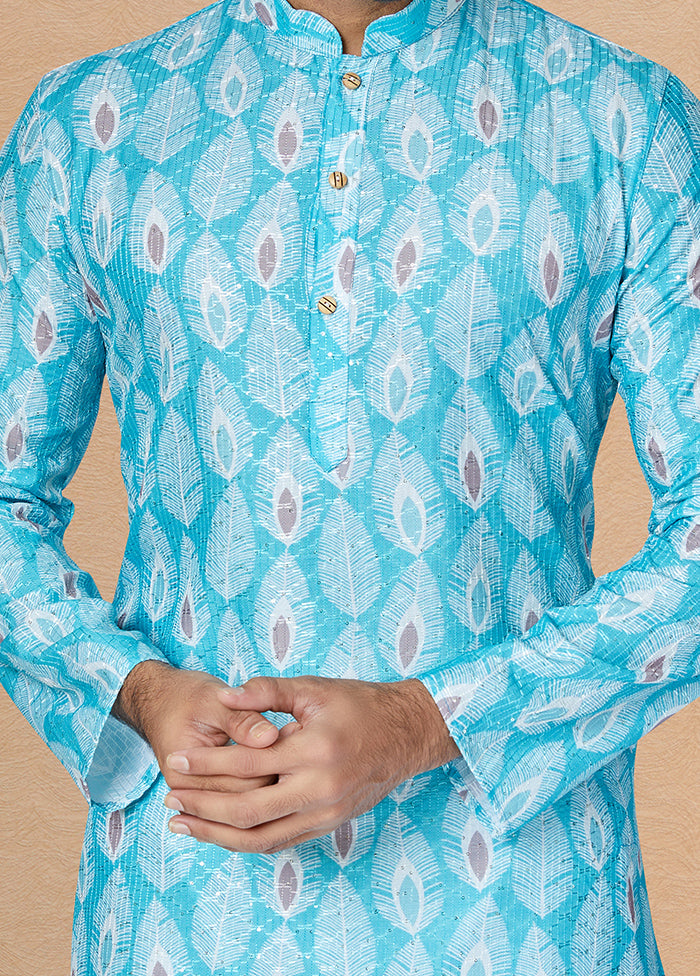 2 Pc Blue Dupion Silk Kurta And Pajama Set