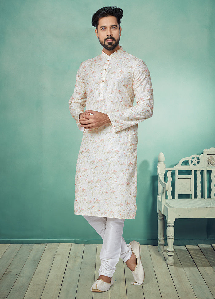 2 Pc White Dupion Silk Kurta And Pajama Set