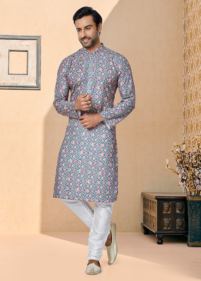 2 Pc Grey Dupion Silk Kurta And Pajama Set