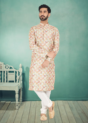 2 Pc Cream Dupion Silk Kurta And Pajama Set