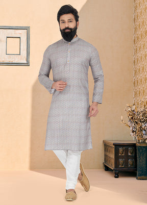 2 Pc Grey Dupion Silk Kurta And Pajama Set