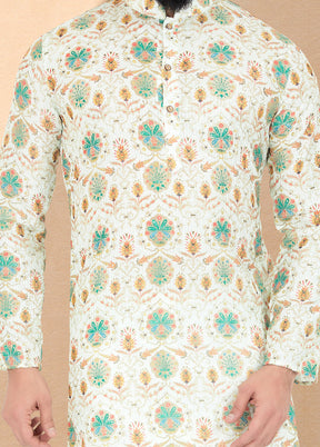 2 Pc Cream Dupion Silk Kurta And Pajama Set - Indian Silk House Agencies