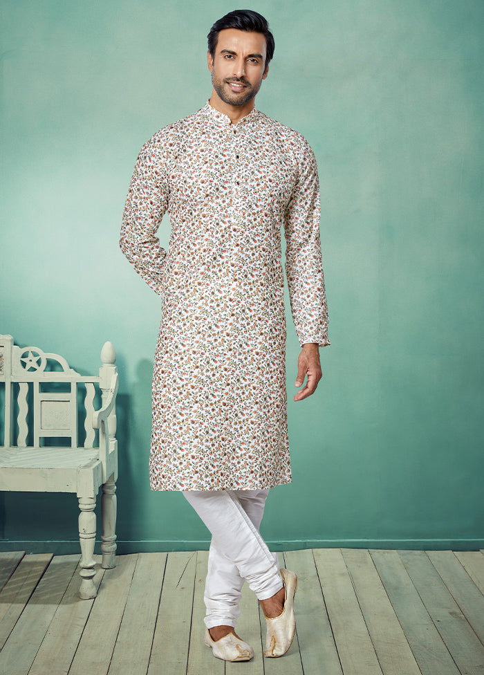 2 Pc White Dupion Silk Kurta And Pajama Set