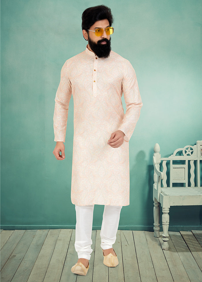 2 Pc Cream Dupion Silk Kurta And Pajama Set - Indian Silk House Agencies