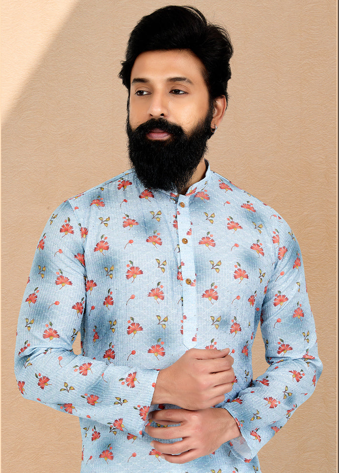 2 Pc Blue Dupion Silk Kurta And Pajama Set - Indian Silk House Agencies