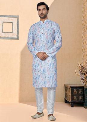 2 Pc Blue Dupion Silk Kurta And Pajama Set