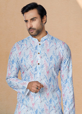 2 Pc Blue Dupion Silk Kurta And Pajama Set