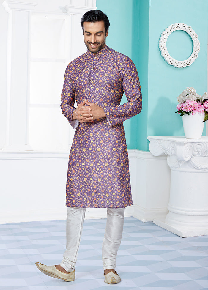 2 Pc Purple Dupion Silk Kurta And Pajama Set