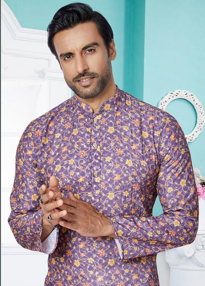 2 Pc Purple Dupion Silk Kurta And Pajama Set