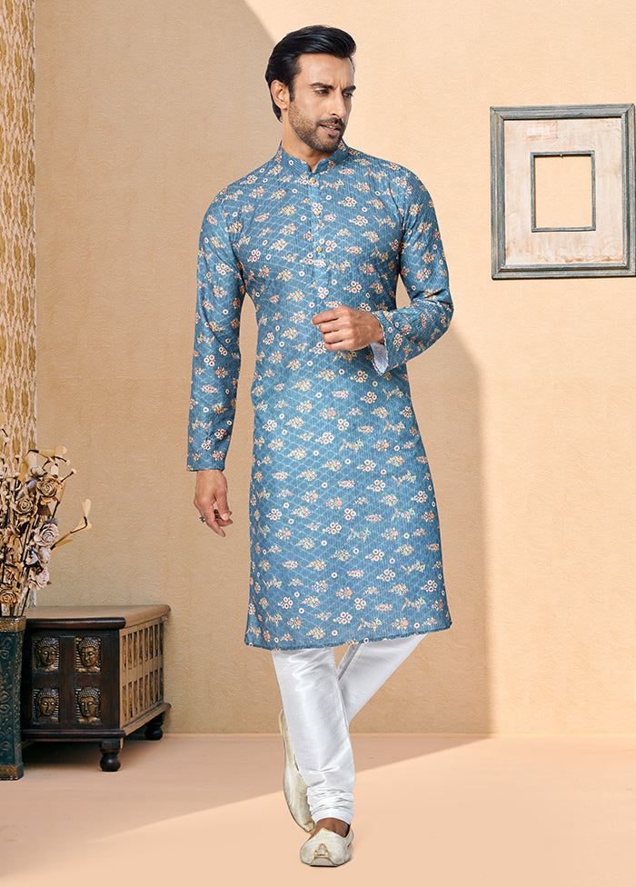 2 Pc Blue Dupion Silk Kurta And Pajama Set