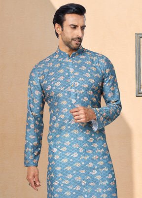 2 Pc Blue Dupion Silk Kurta And Pajama Set