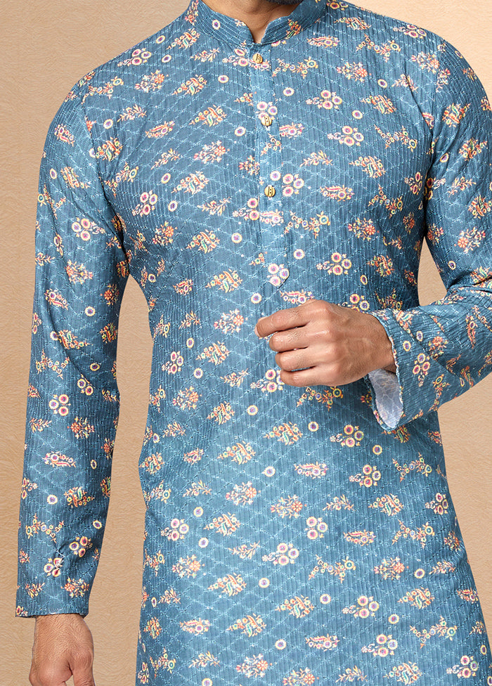 2 Pc Blue Dupion Silk Kurta And Pajama Set