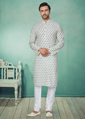 2 Pc White Dupion Silk Kurta And Pajama Set