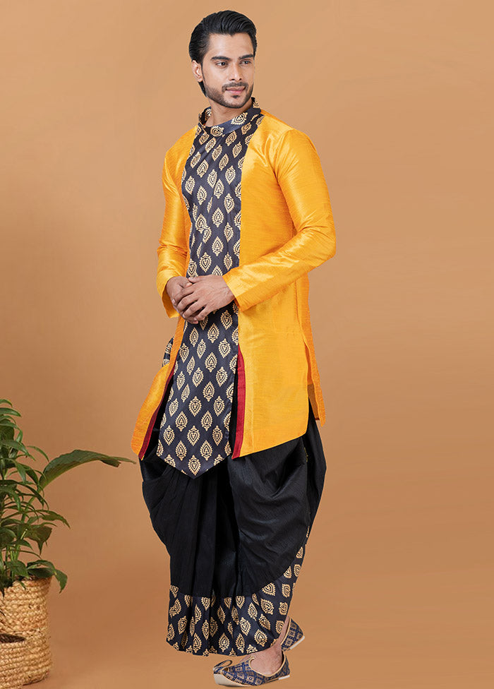 2 Pc Yellow Dupion Silk Kurta And Dhoti Set