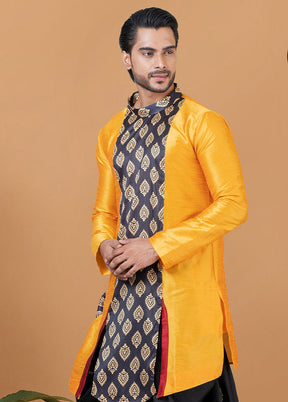 2 Pc Yellow Dupion Silk Kurta And Dhoti Set