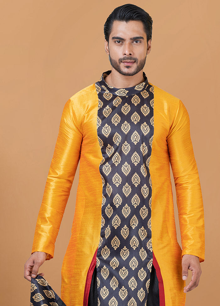 2 Pc Yellow Dupion Silk Kurta And Dhoti Set - Indian Silk House Agencies