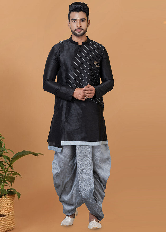 2 Pc Black Dupion Silk Kurta And Dhoti Set