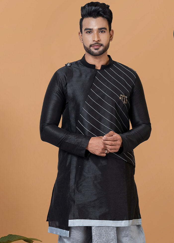 2 Pc Black Dupion Silk Kurta And Dhoti Set - Indian Silk House Agencies