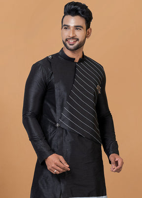 2 Pc Black Dupion Silk Kurta And Dhoti Set