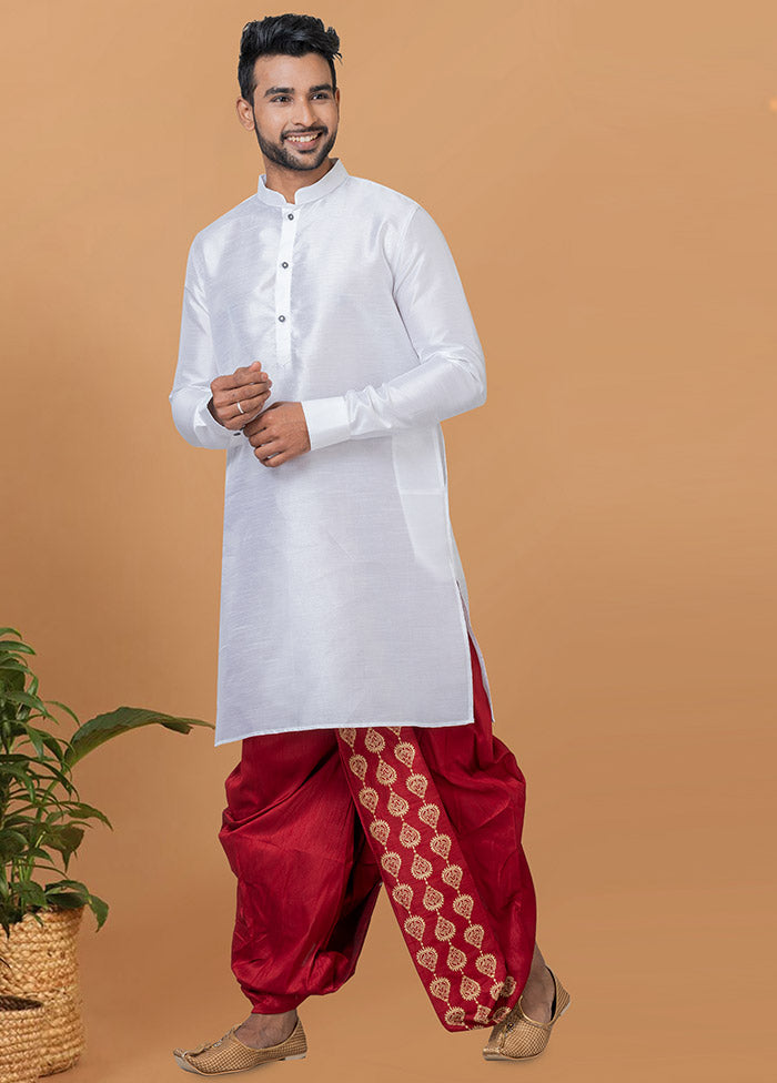 2 Pc White Dupion Silk Kurta And Dhoti Set - Indian Silk House Agencies