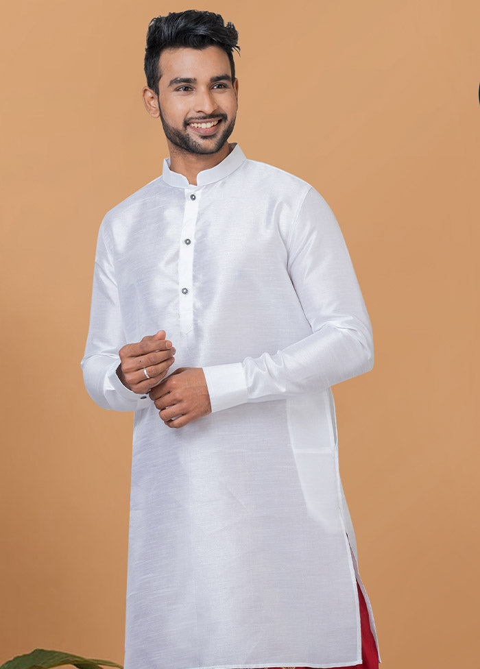 2 Pc White Dupion Silk Kurta And Dhoti Set - Indian Silk House Agencies