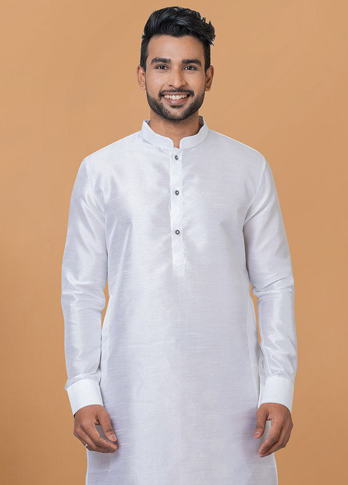 2 Pc White Dupion Silk Kurta And Dhoti Set - Indian Silk House Agencies