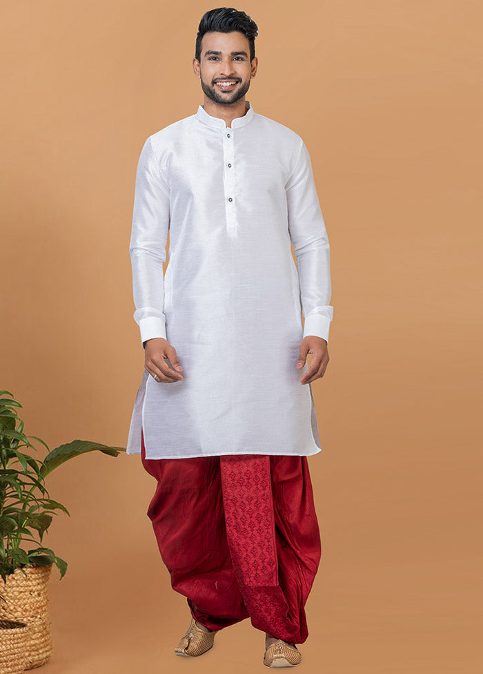 2 Pc White Dupion Silk Kurta And Dhoti Set - Indian Silk House Agencies