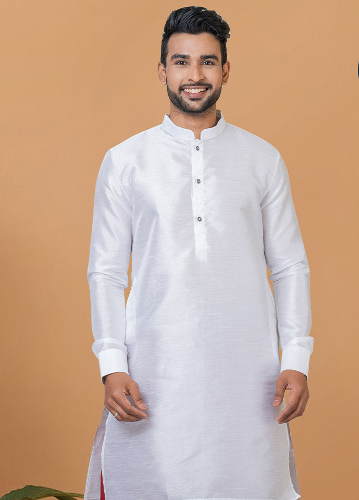 2 Pc White Dupion Silk Kurta And Dhoti Set - Indian Silk House Agencies