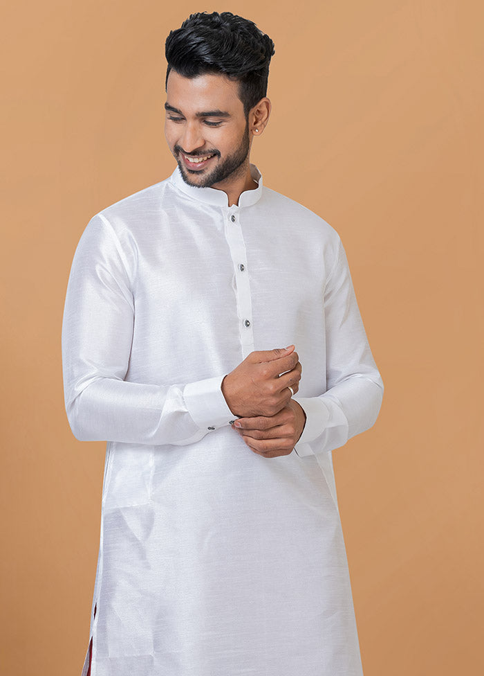 2 Pc White Dupion Silk Kurta And Dhoti Set