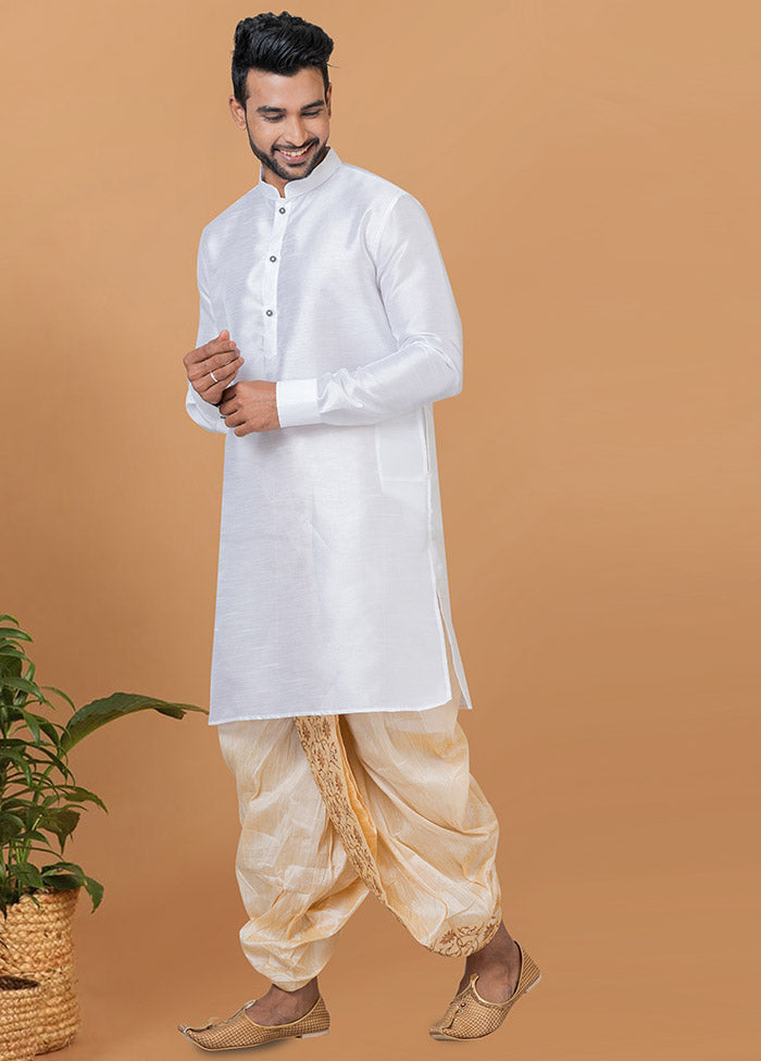 2 Pc White Dupion Silk Kurta And Dhoti Set